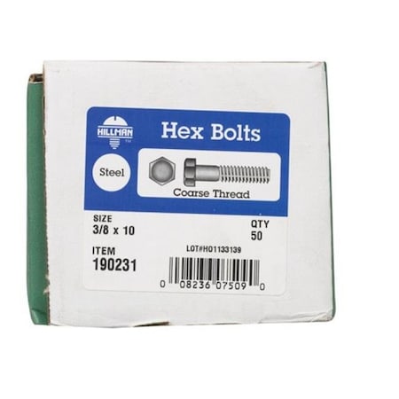 Hillman Grade 2, 3/8"-16 Hex Head Cap Screw, Zinc Plated Steel, 10 in L 1460120